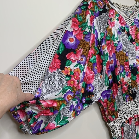 Diane Freis Vintage 100% Silk Floral Polka Dot Belted Elastic Fit & Flare Dress - Picture 8 of 17